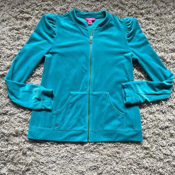 Lilly Pulitzer Jacket Women M Teal Velour Full Zip Puff Sleeve W Pockets - Picture 1 of 12